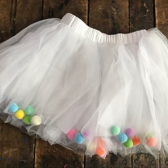 White Rainbow Pom-Poms Tutu Tulle Skirt Toddler Medium 3T 4T - Picture 6 of 6
